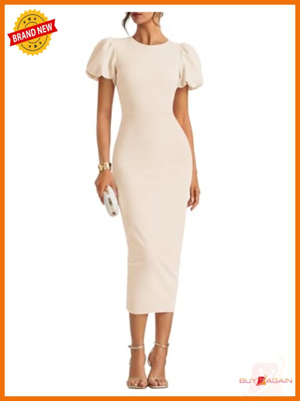 ZESICA Womens Bodycon Midi Dress Short Puff Sleeve Formal Cocktail